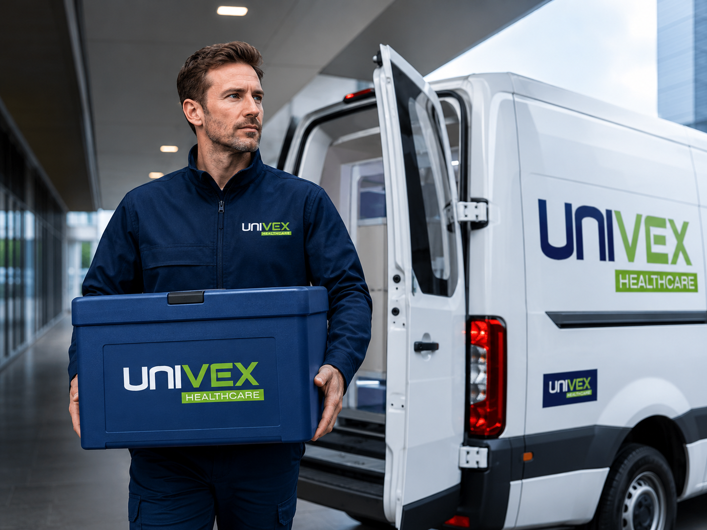 Operatore Univex Healthcare con cassetta brandizzata in magazzino